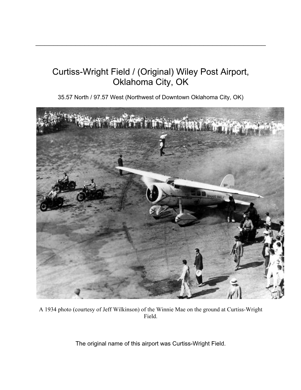 History of Curtiss-Wright Field Original Wiley Post