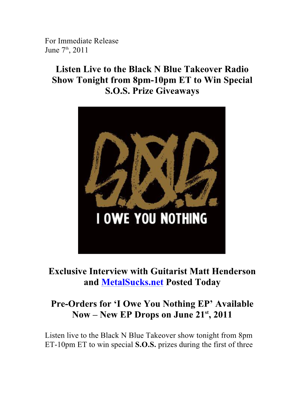 Black N Blue Takeover Radio Show Tonight from 8Pm-10Pm ET to Win Special S.O.S