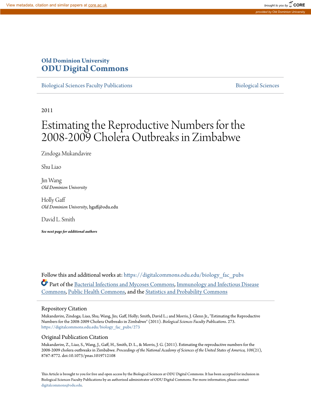 Estimating the Reproductive Numbers for the 2008-2009 Cholera Outbreaks in Zimbabwe Zindoga Mukandavire