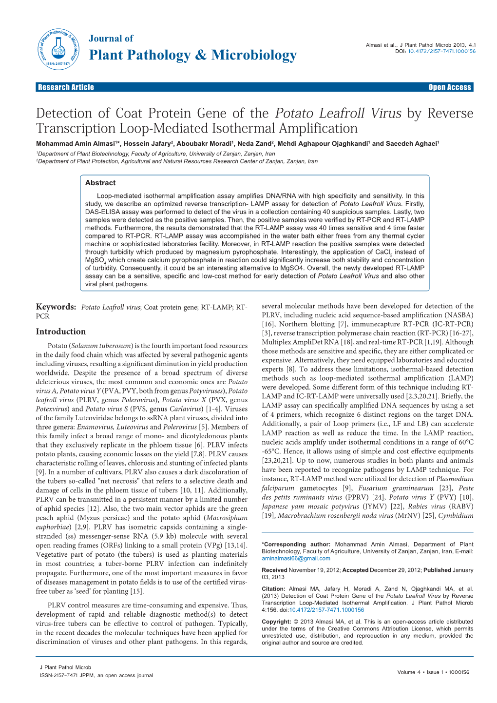 Detection of Coat Protein Gene of the Potato Leafroll Virus by Reverse