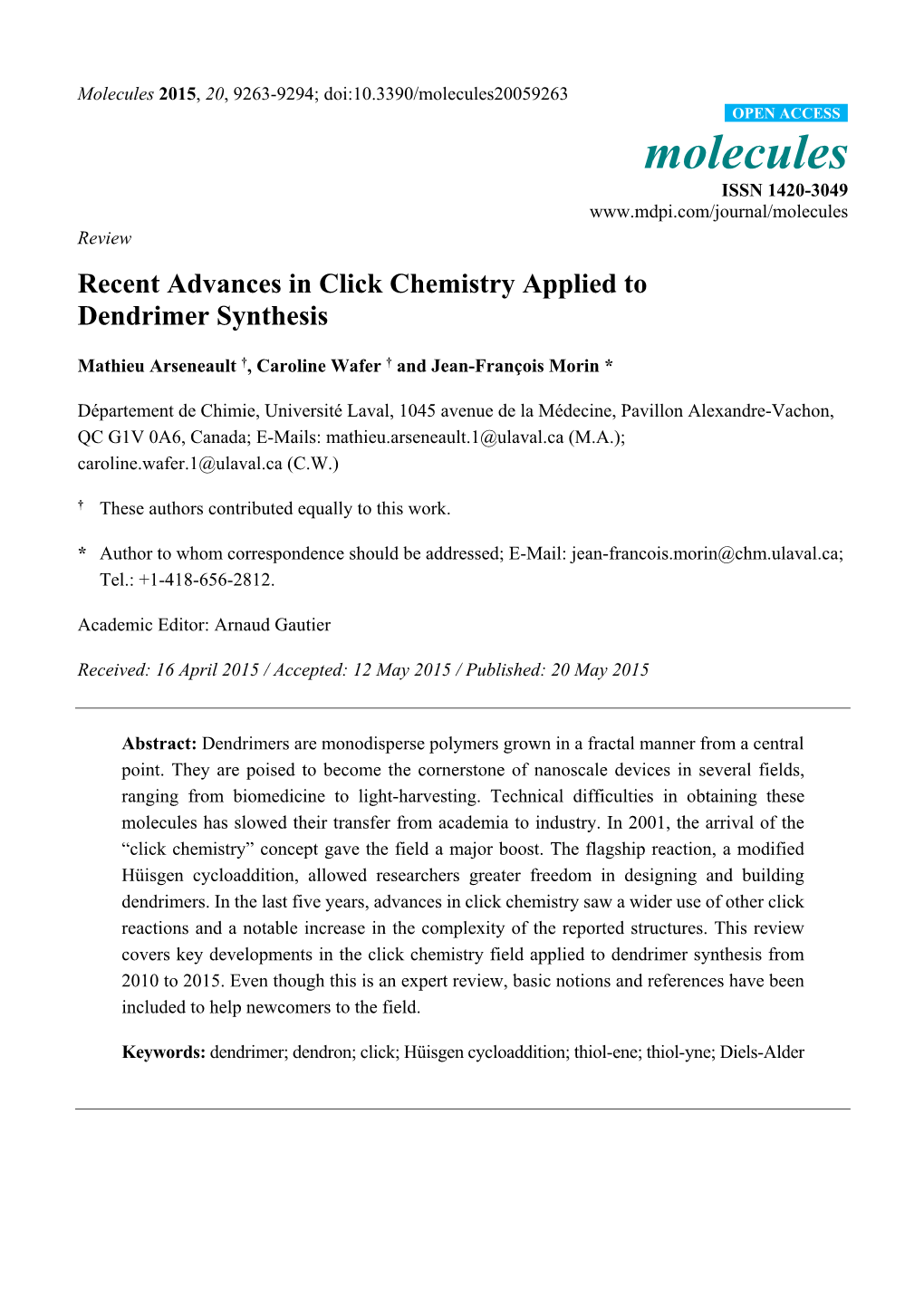 Recent Advances in Click Chemistry Applied to Dendrimer Synthesis