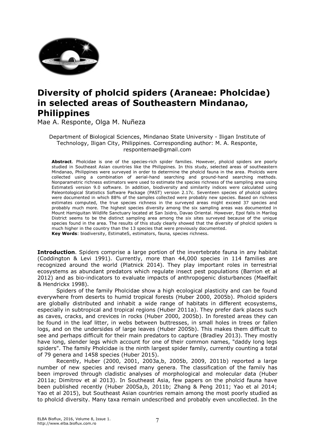 Diversity of Pholcid Spiders (Araneae: Pholcidae) in Selected Areas of Southeastern Mindanao, Philippines Mae A