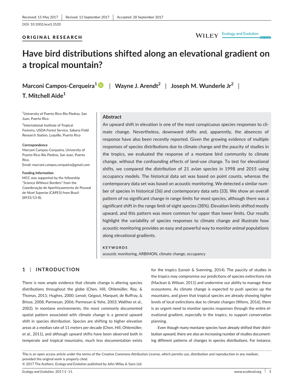 Have Bird Distributions Shifted Along an Elevational Gradient on a Tropical Mountain?