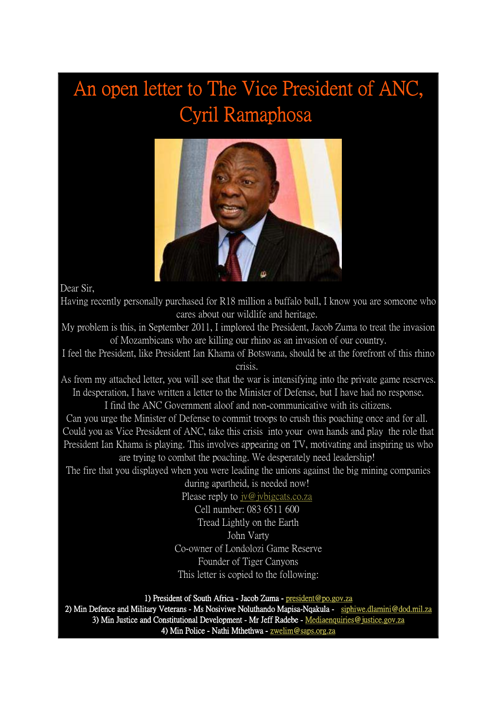 An Open Letter to the Vice President of ANC, an Open Letter to the Vice President of ANC, Cyril Ramaphosa Cyril Ramaphosa