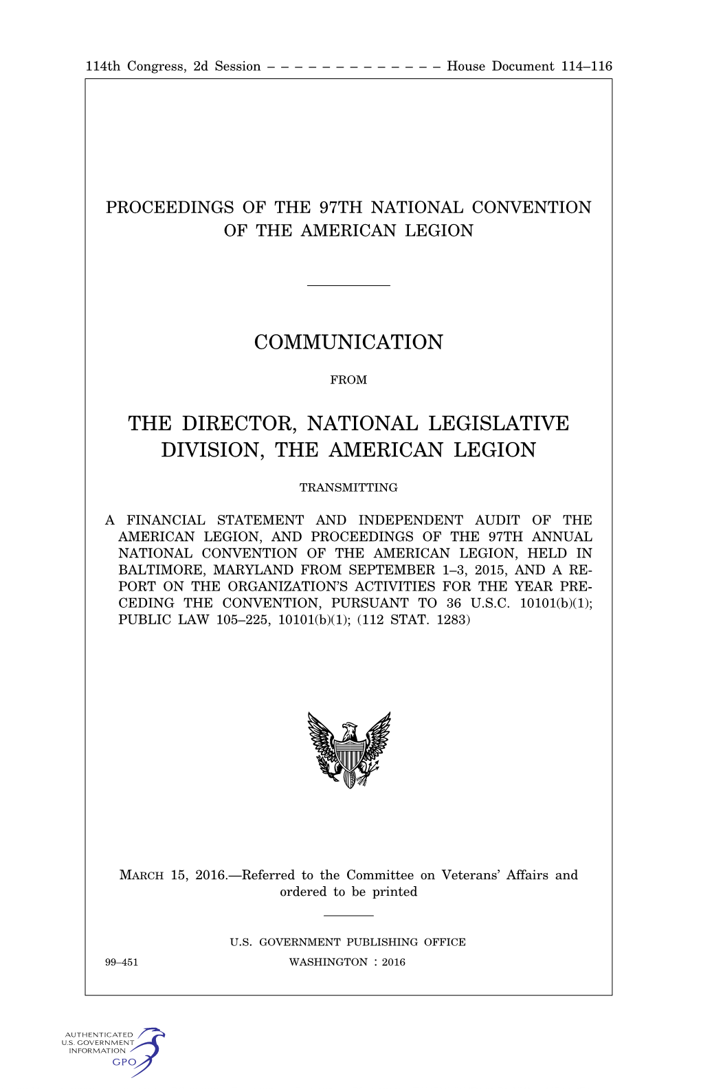 Communication the Director, National Legislative Division