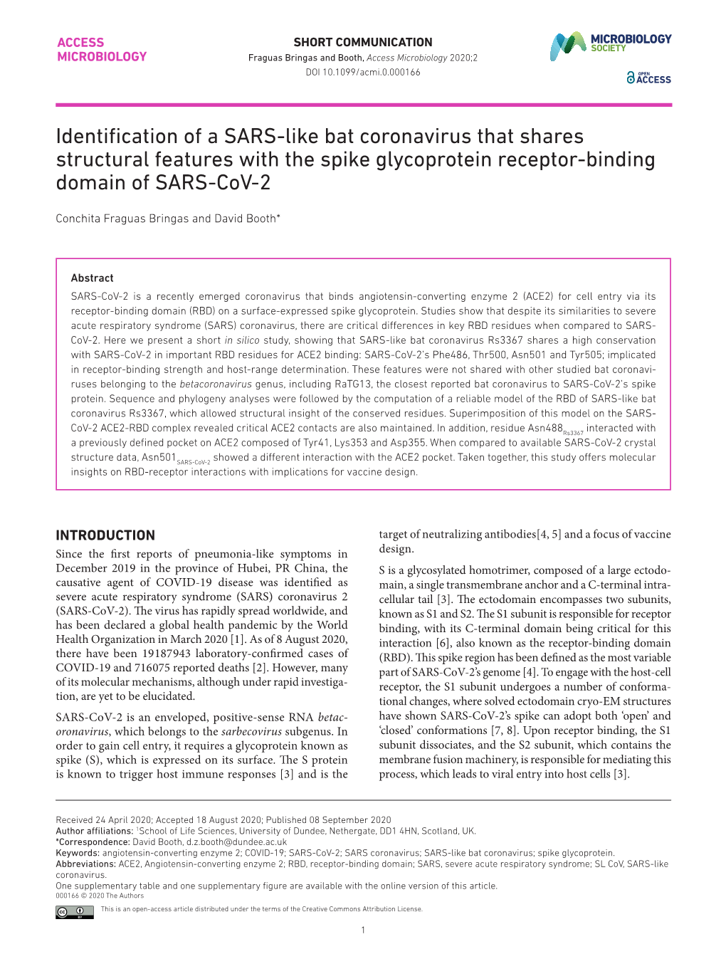 Identification of a SARS- Like Bat Coronavirus That Shares Structural