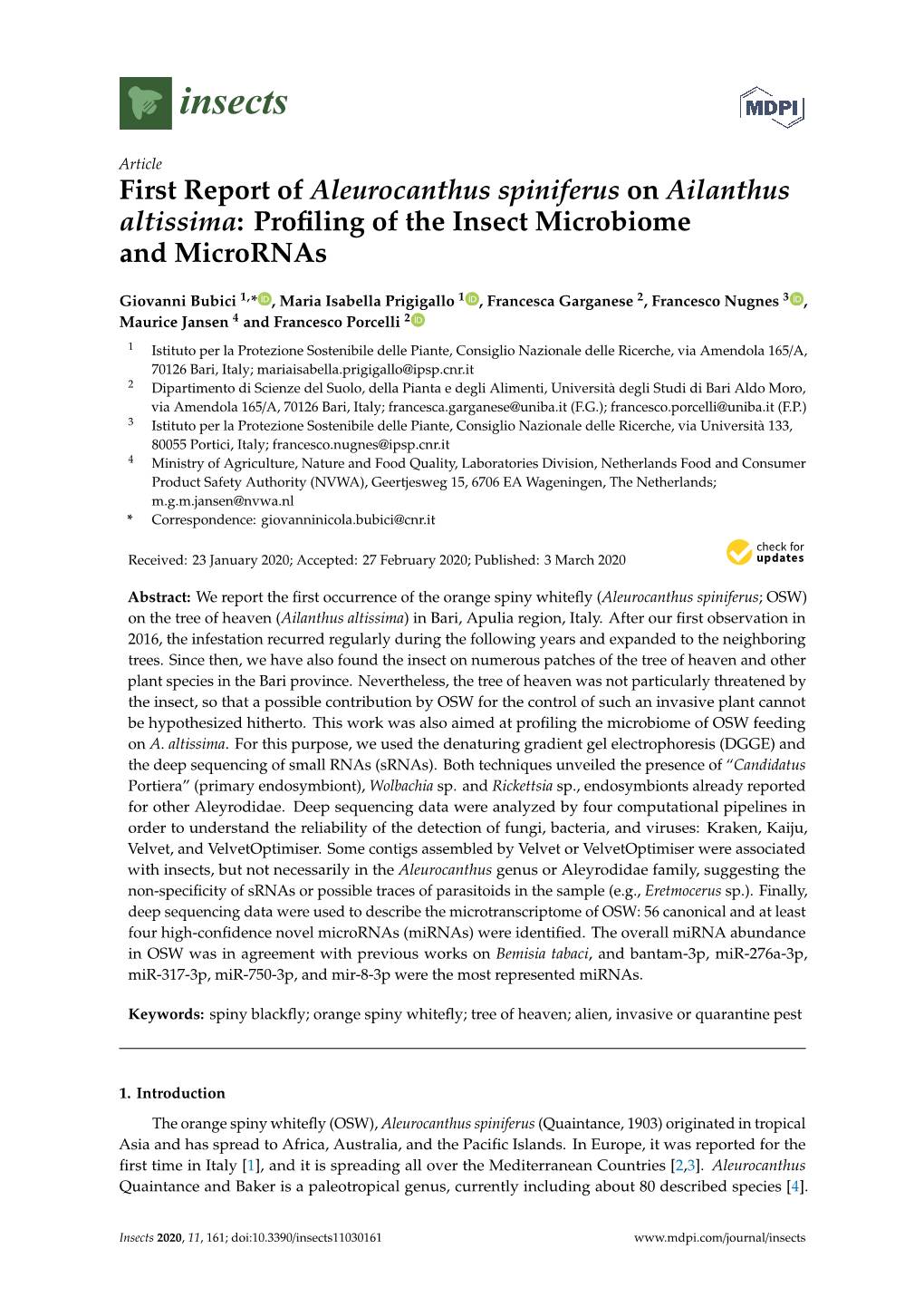 First Report of Aleurocanthus Spiniferus on Ailanthus Altissima: Proﬁling of the Insect Microbiome and Micrornas