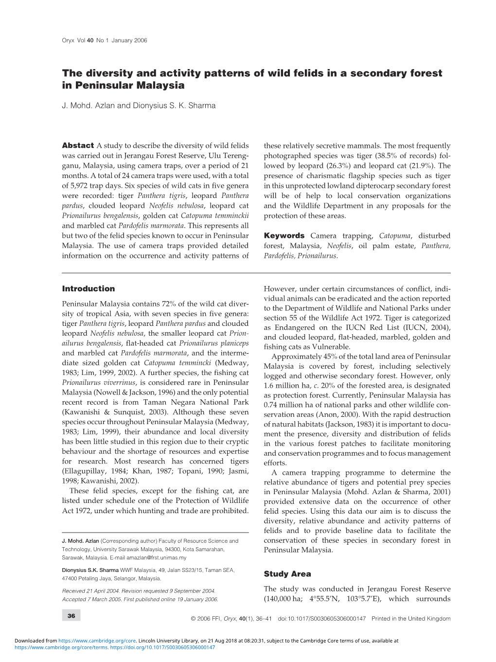 The Diversity and Activity Patterns of Wild Felids in a Secondary Forest in Peninsular Malaysia