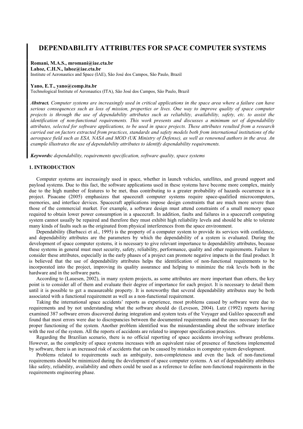 Dependability Attributes for Space Computer Systems