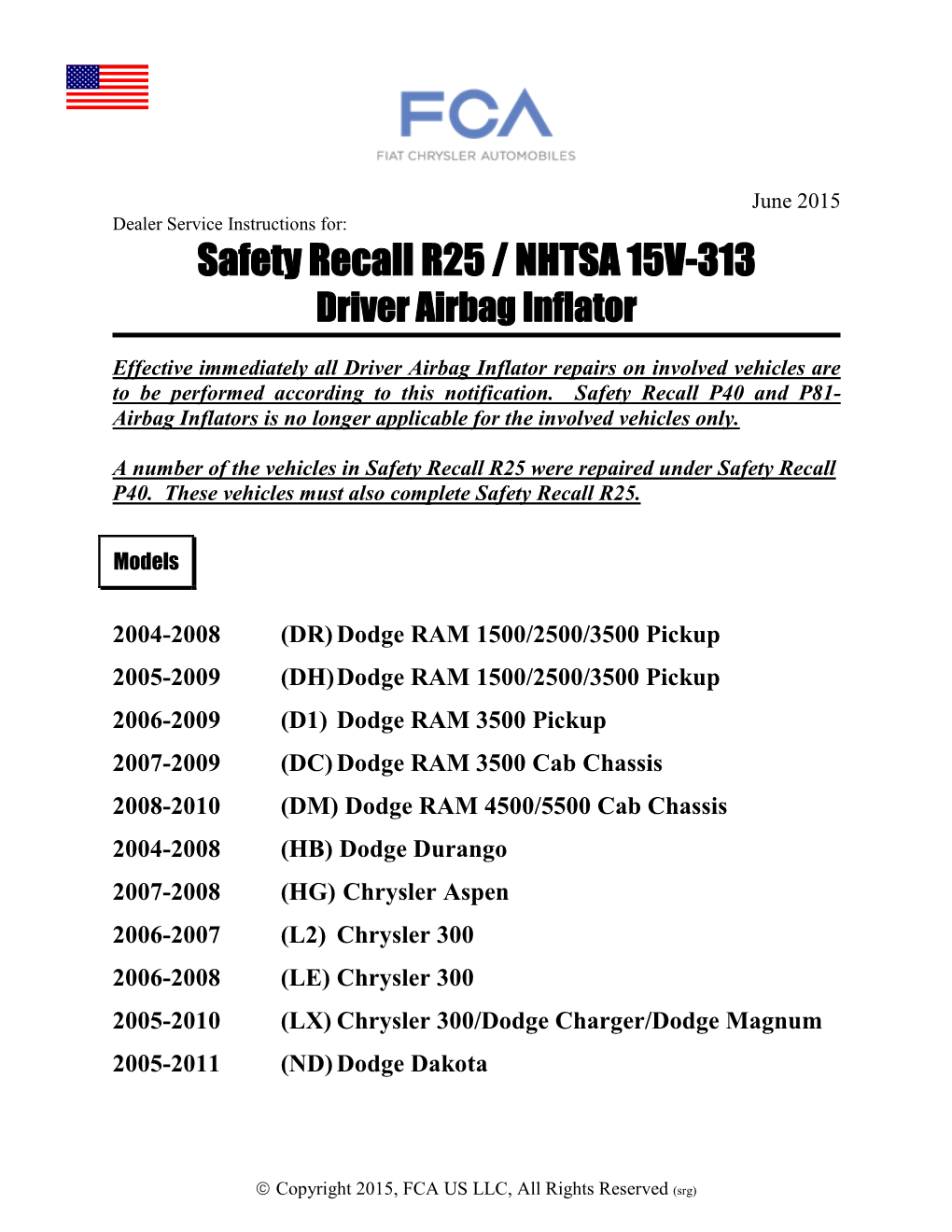 Safety Recall R25 / NHTSA 15V-313 Driver Airbag Inflator