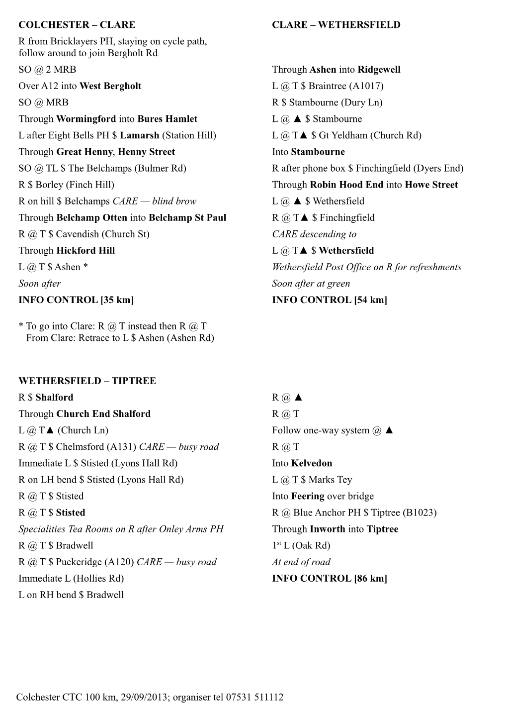 2013 Colchester 100 Route Sheet