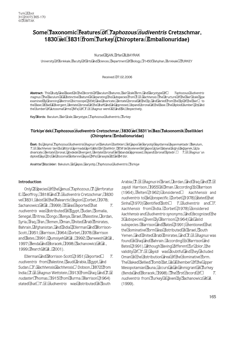 Some Taxonomic Features of Taphozous Nudiventris