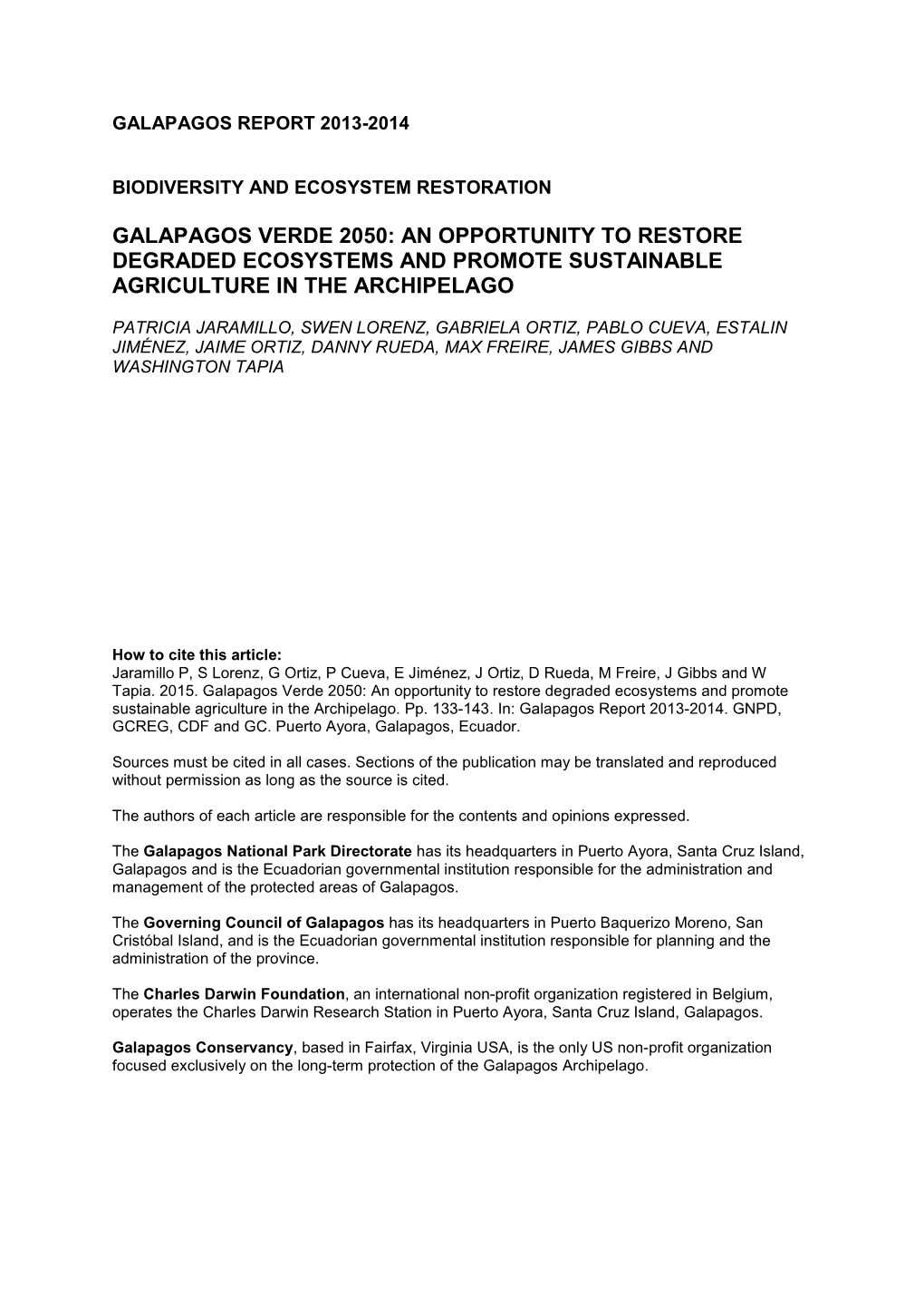 Galapagos Verde 2050: an Opportunity to Restore Degraded Ecosystems and Promote Sustainable Agriculture in the Archipelago