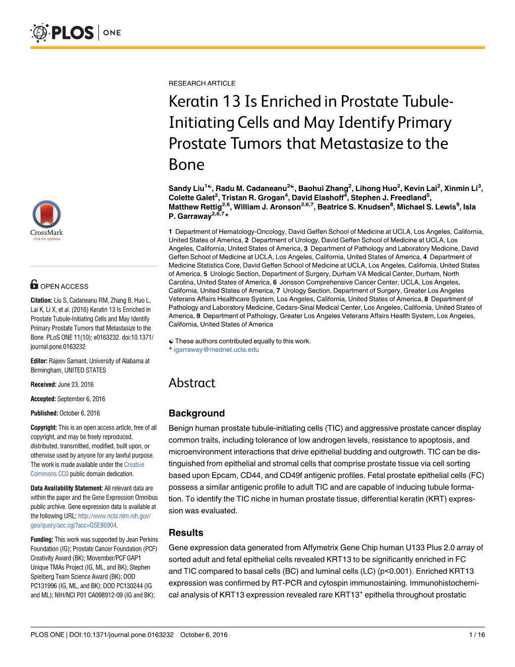 Keratin 13 Is Enriched in Prostate Tubule-Initiating Cells and May