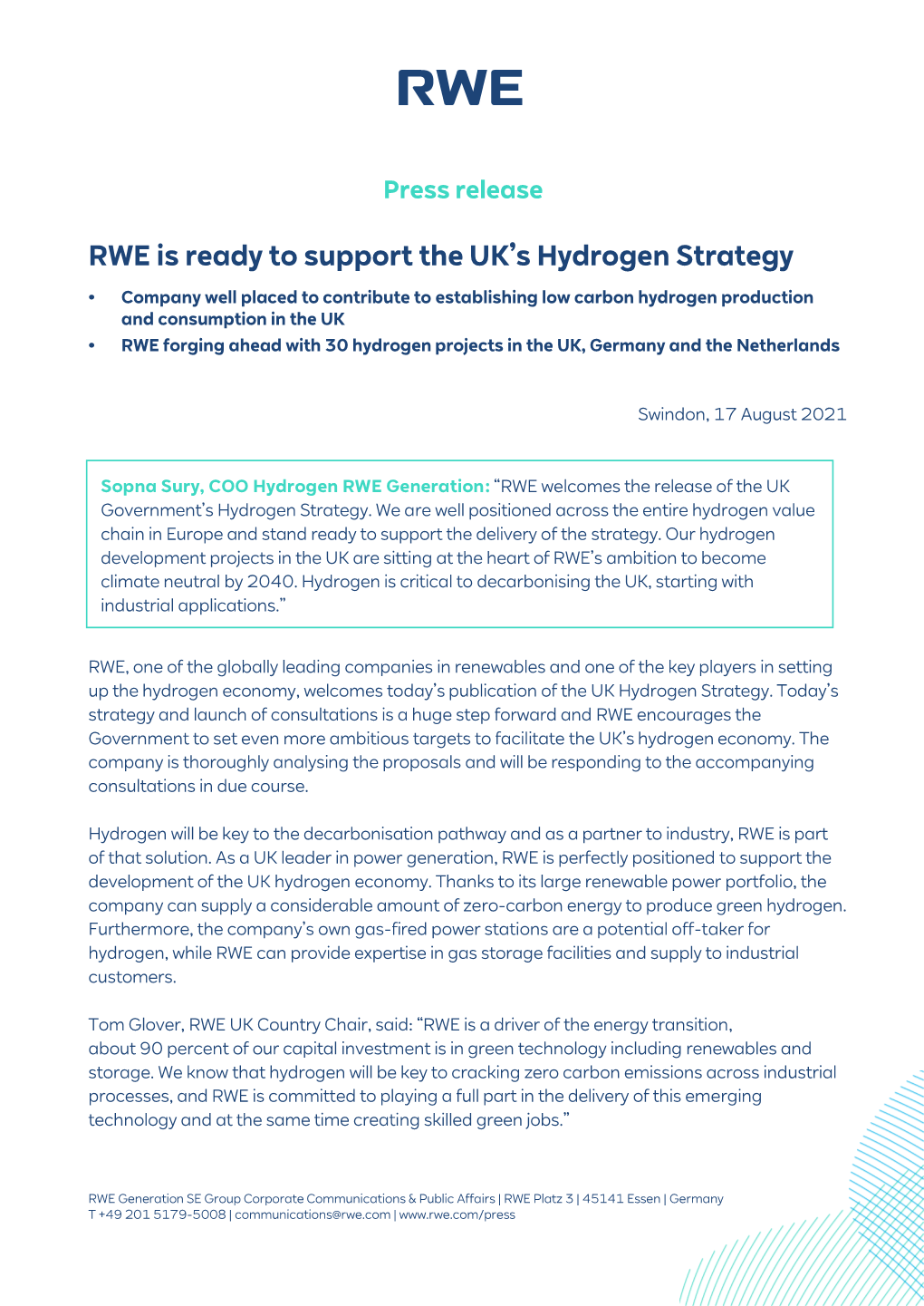 RWE Is Ready to Support the UK's Hydrogen Strategy