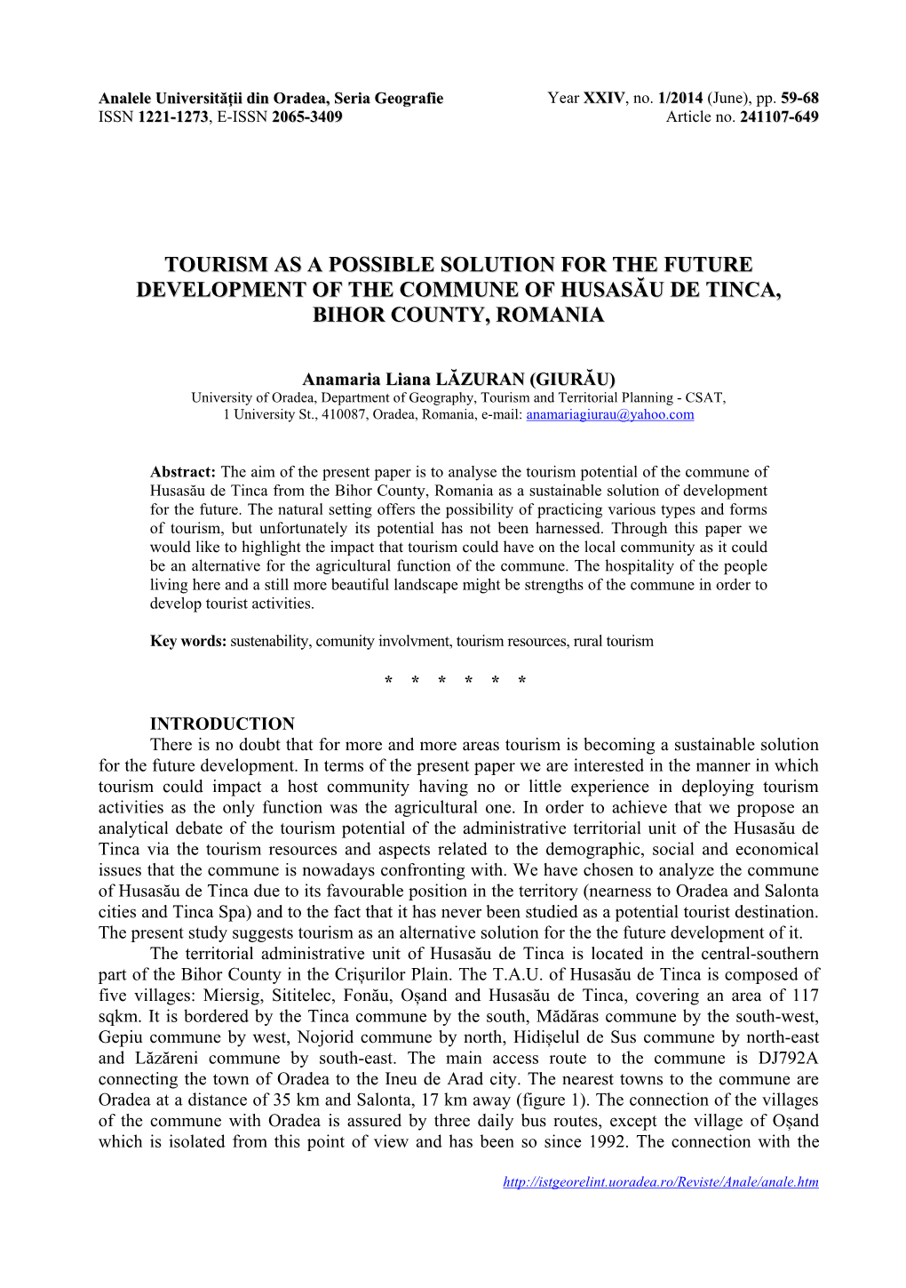 Tourism As a Possible Solution for the Future Development of the Commune of Husasău De Tinca, Bihor County, Romania