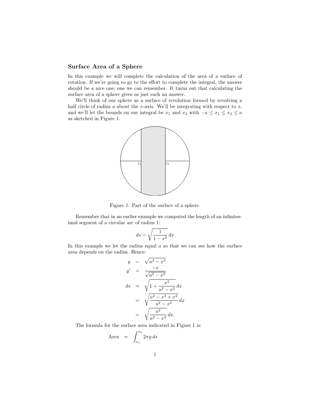 Surface Area of a Sphere in This Example We Will Complete the Calculation of the Area of a Surface of Rotation