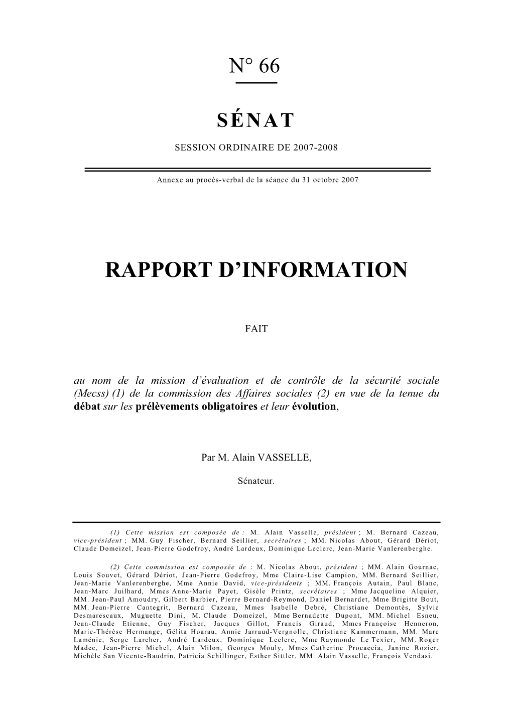 Rapport Vasselle Sur Les Prélèvements Obligatoires