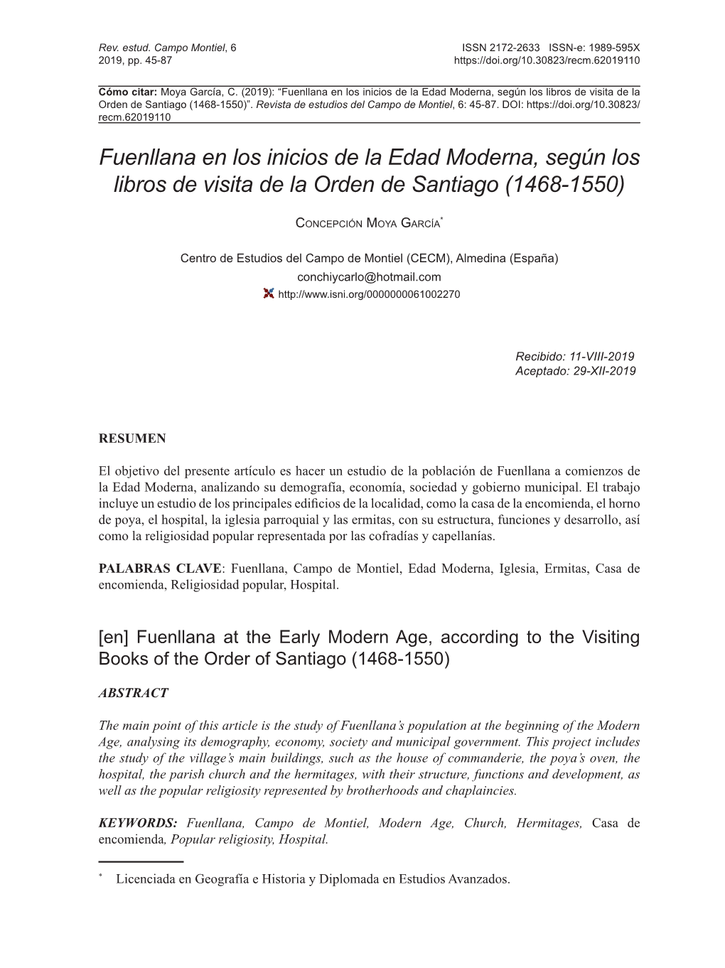 Fuenllana En Los Inicios De La Edad Moderna, Según Los Libros De Visita De La Orden De Santiago (1468-1550)”