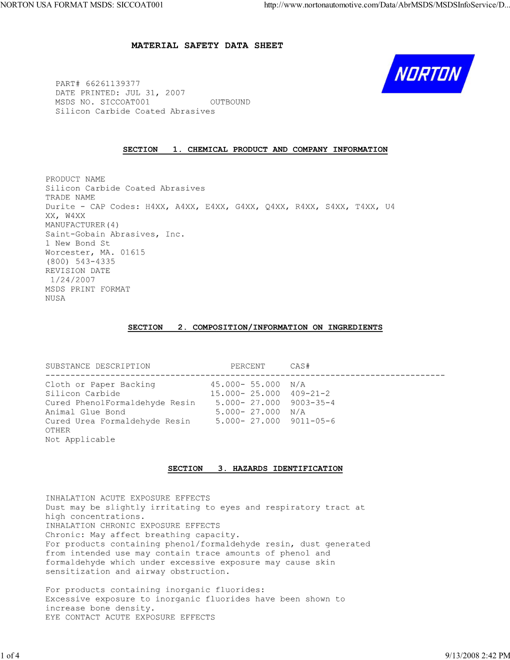 Norton Usa Format Msds: Sic