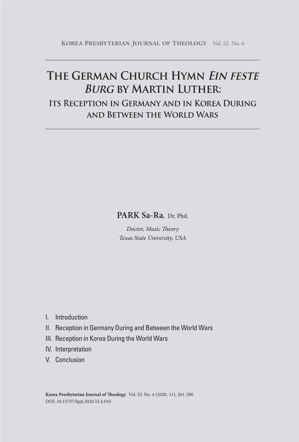 The German Church Hymn Ein Feste Burg by Martin Luther: Its Reception in Germany and in Korea During and Between the World Wars