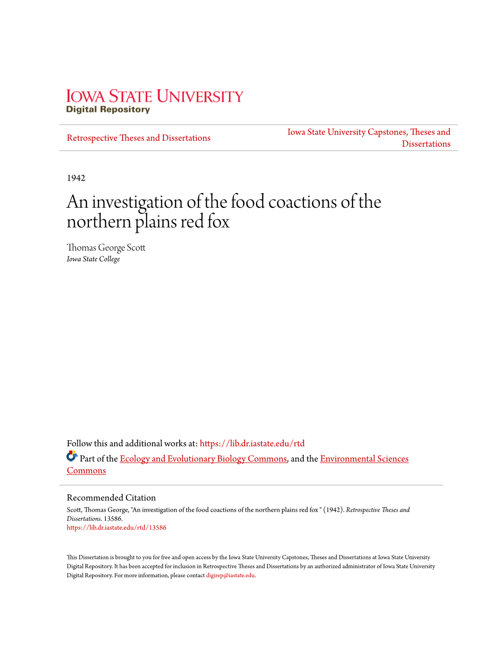 An Investigation of the Food Coactions of the Northern Plains Red Fox Thomas George Scott Iowa State College