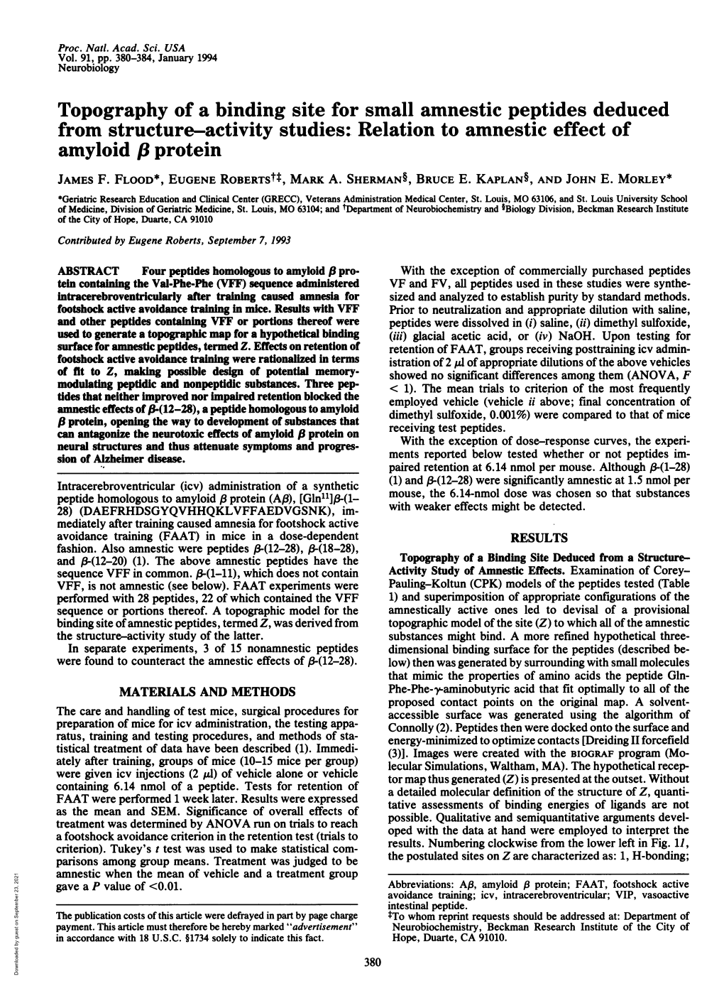 Topography of a Binding Site for Small Amnestic Peptides Deduced from Structure-Activity Studies: Relation to Amnestic Effect of Amyloid F8 Protein JAMES F