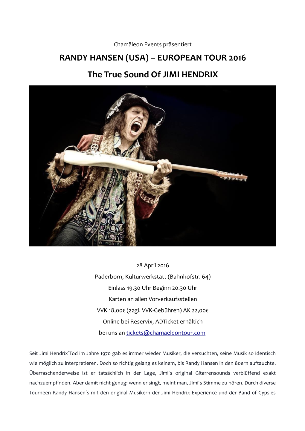 RANDY HANSEN (USA) – EUROPEAN TOUR 2016 the True Sound of JIMI HENDRIX