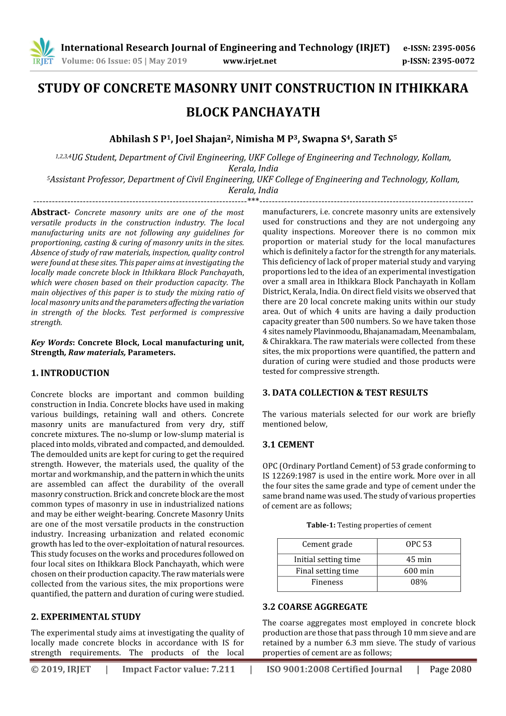 Study of Concrete Masonry Unit Construction in Ithikkara Block Panchayath