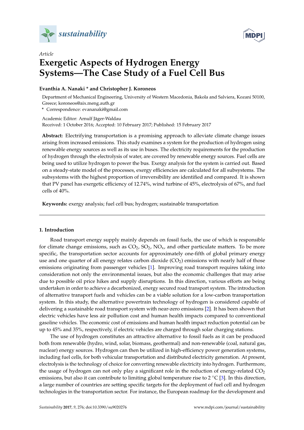 Exergetic Aspects of Hydrogen Energy Systems—The Case Study of a Fuel Cell Bus