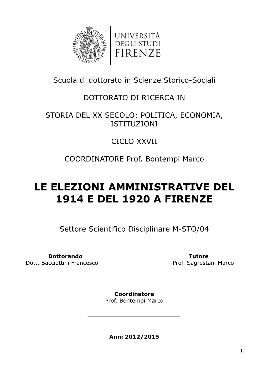 Le Elezioni Amministrative Del 1914 E Del 1920 a Firenze