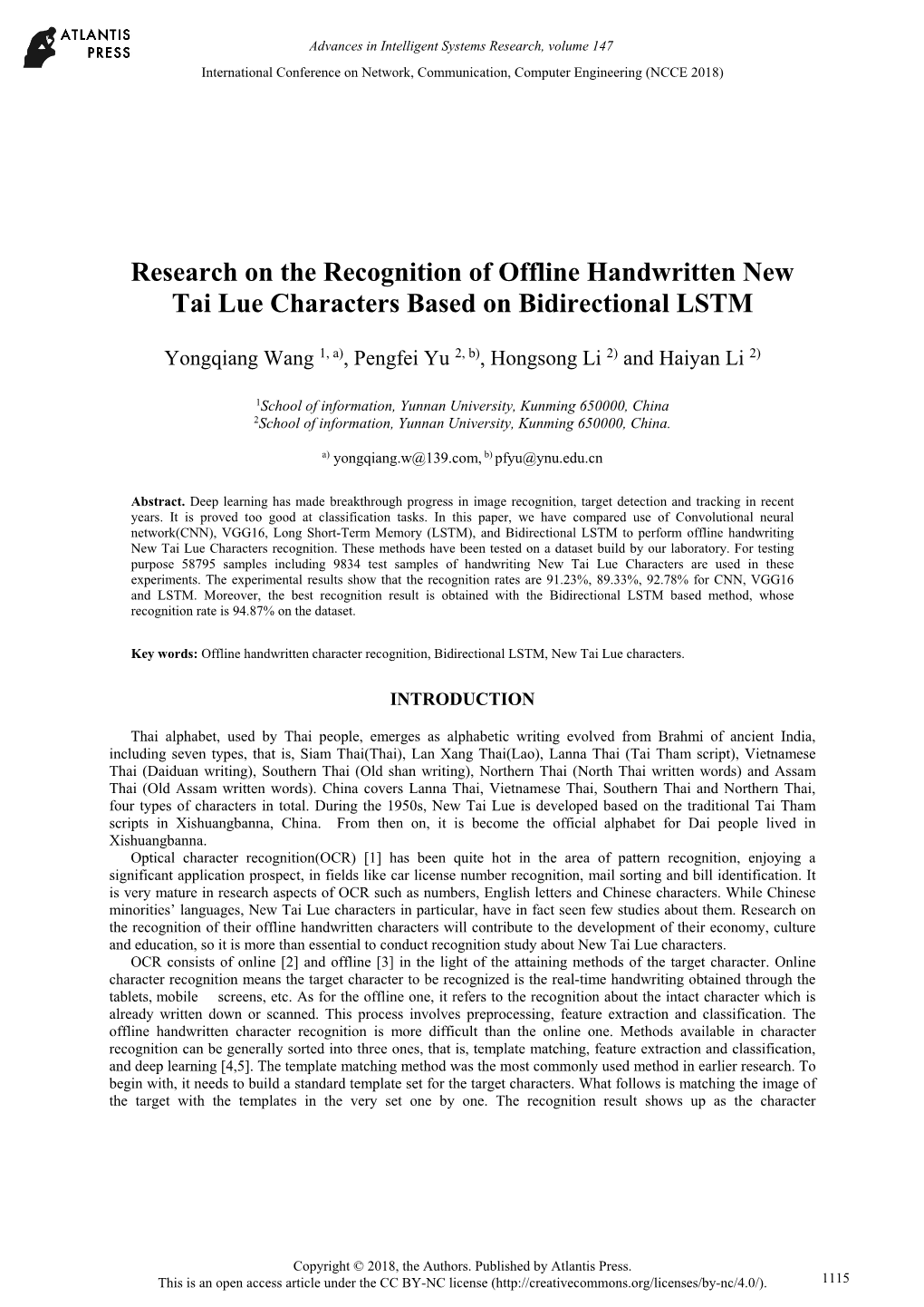 Research on the Recognition of Offline Handwritten New Tai Lue Characters Based on Bidirectional LSTM