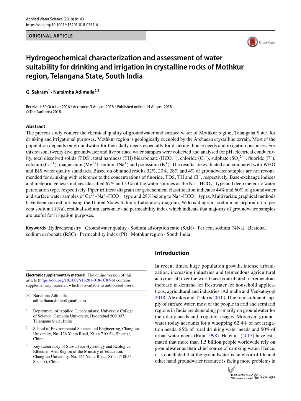 Hydrogeochemical Characterization and Assessment of Water Suitability for Drinking and Irrigation in Crystalline Rocks of Mothkur Region, Telangana State, South India