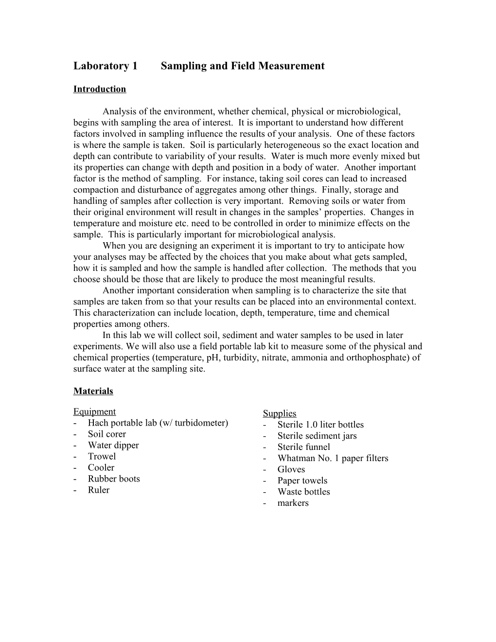 Laboratory 1 Sampling and Field Measurement