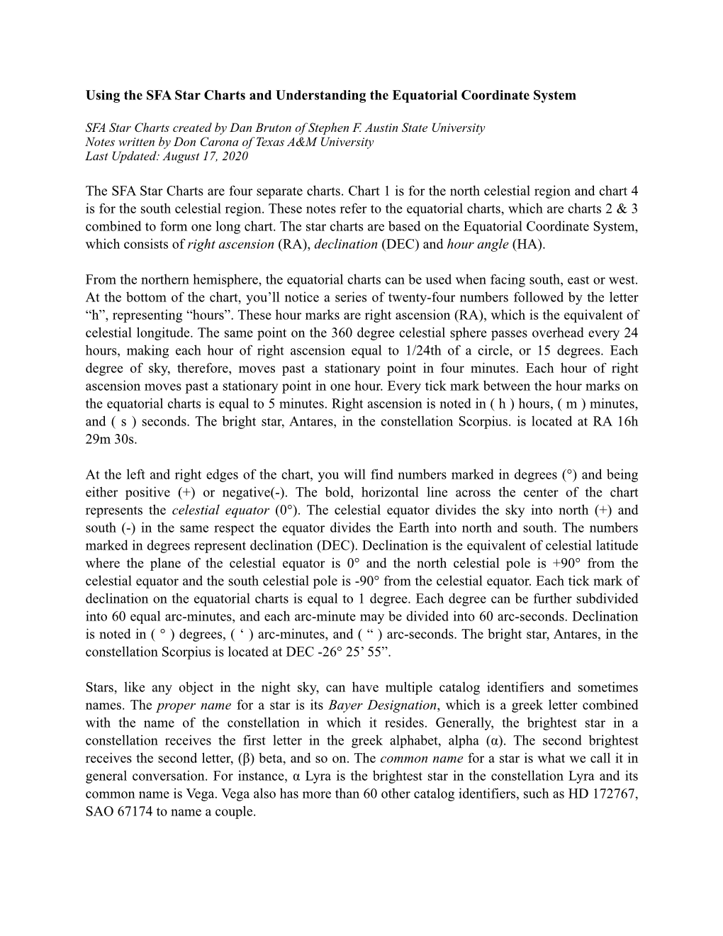 Using the SFA Star Charts and Understanding the Equatorial Coordinate System