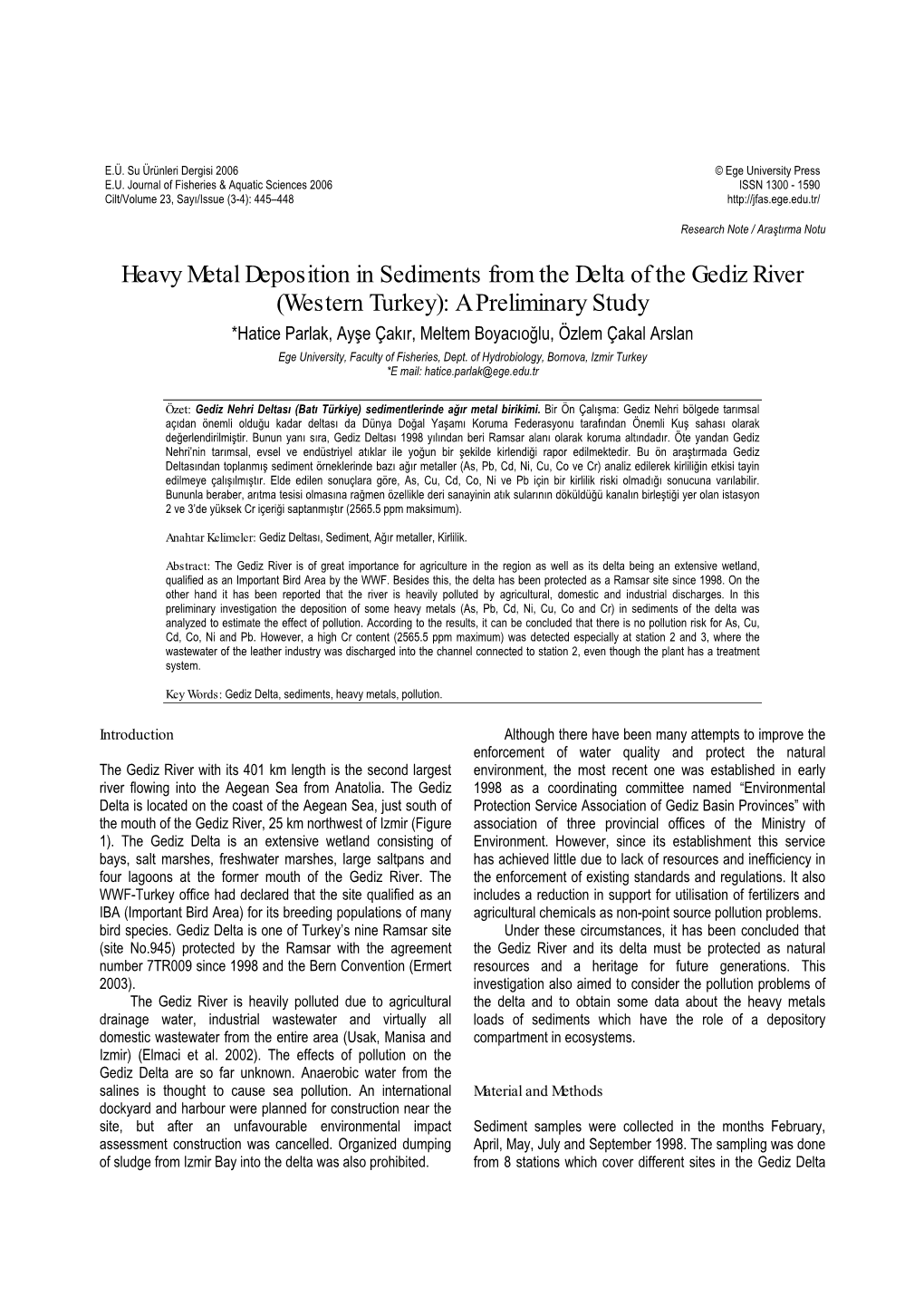 Heavy Metal Deposition in Sediments from the Delta of the Gediz River (Western Turkey): a Preliminary Study