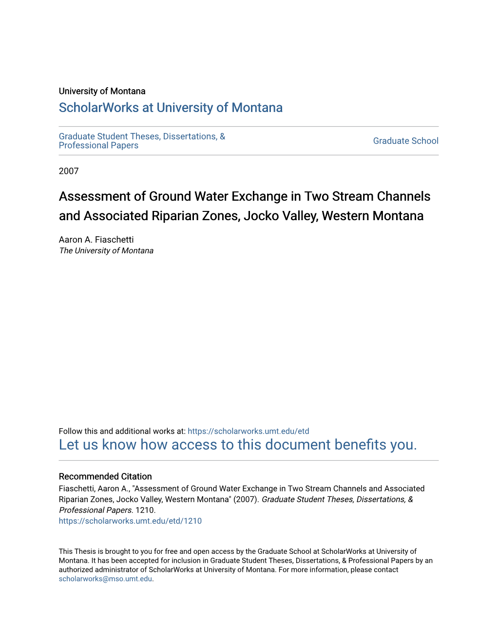 Assessment of Ground Water Exchange in Two Stream Channels and Associated Riparian Zones, Jocko Valley, Western Montana