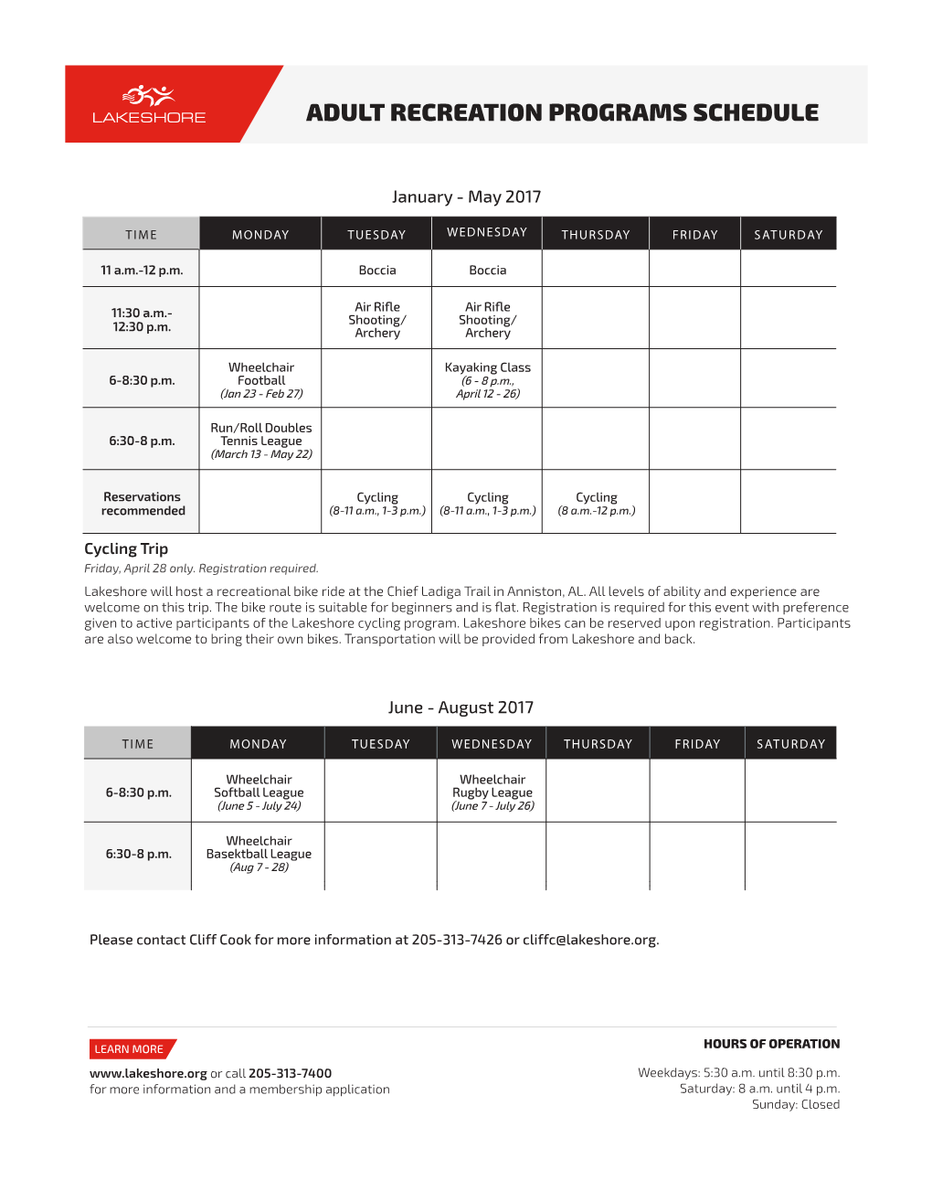 Adult Recreation Programs Schedule