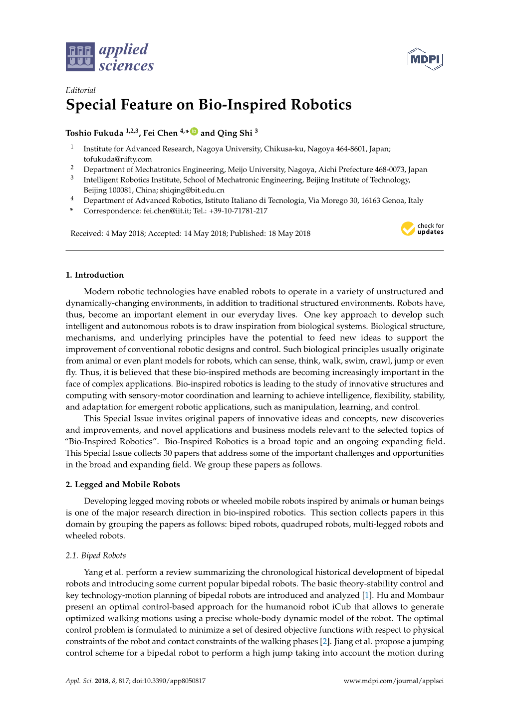 Special Feature on Bio-Inspired Robotics