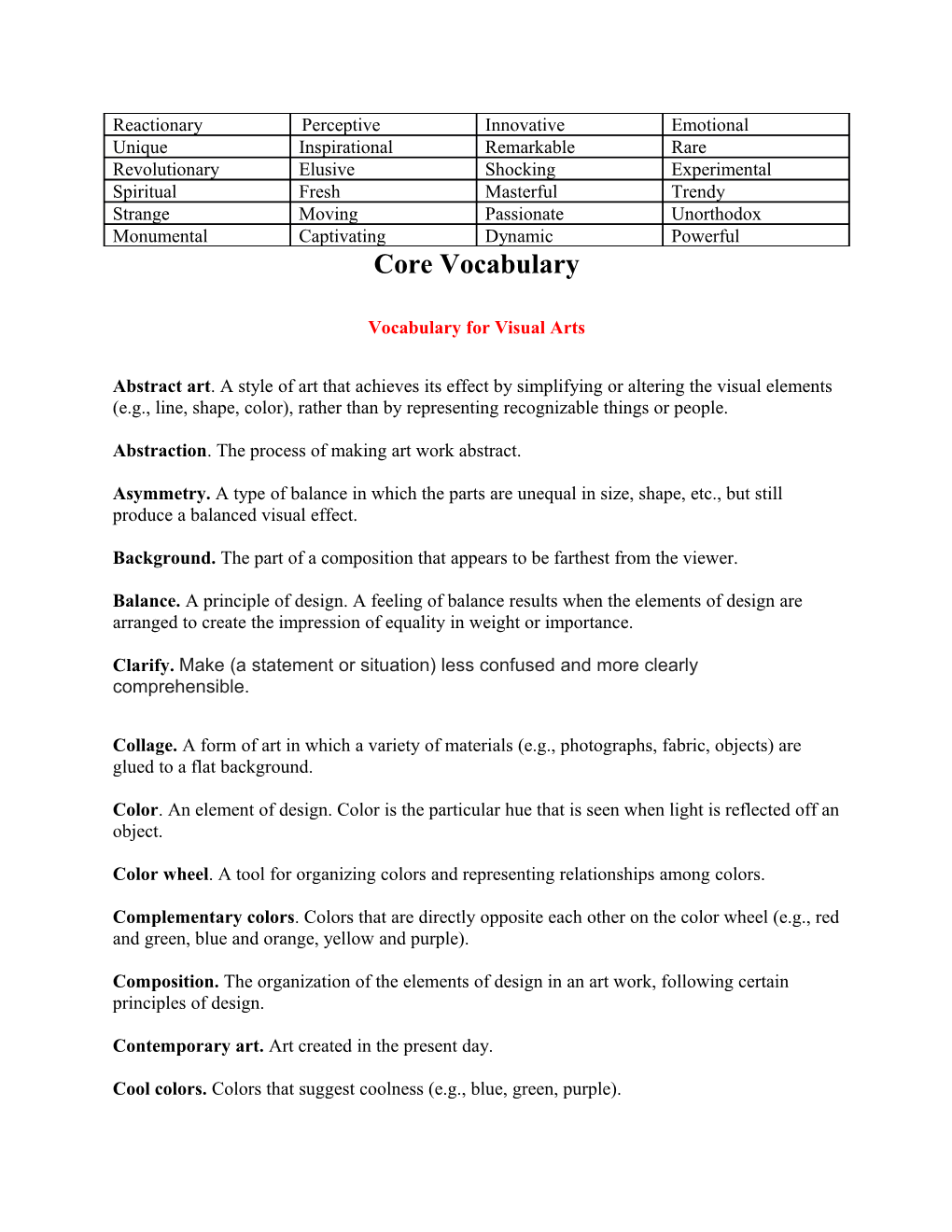 Vocabulary for Visual Arts