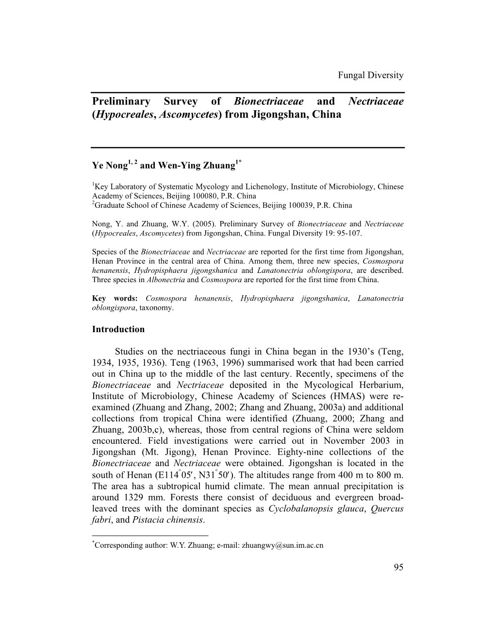 Preliminary Survey of Bionectriaceae and Nectriaceae (Hypocreales, Ascomycetes) from Jigongshan, China