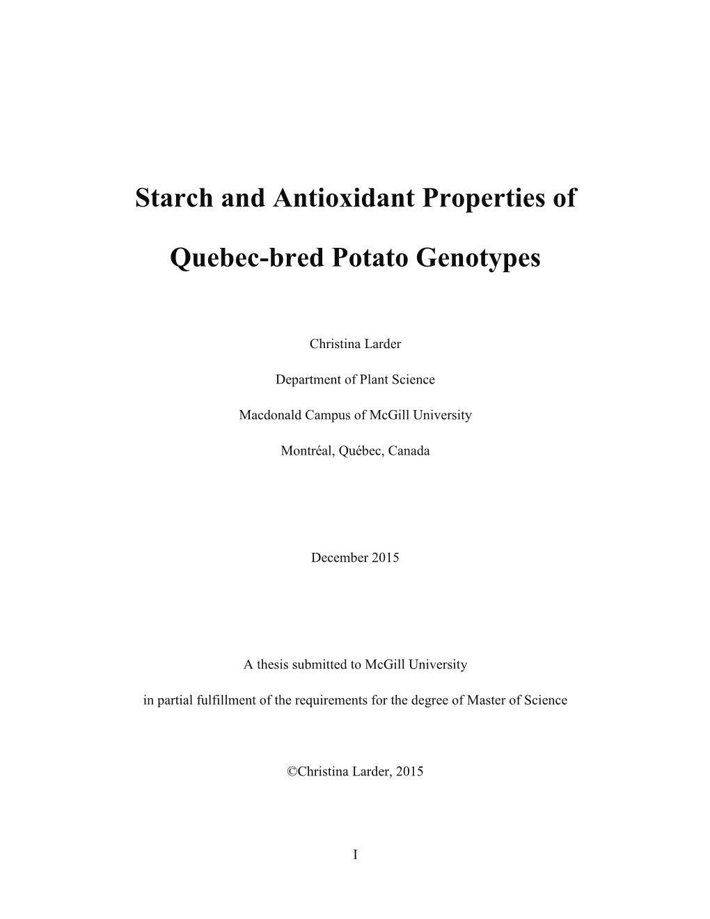 Starch and Antioxidant Properties of Quebec-Bred Potato Genotypes