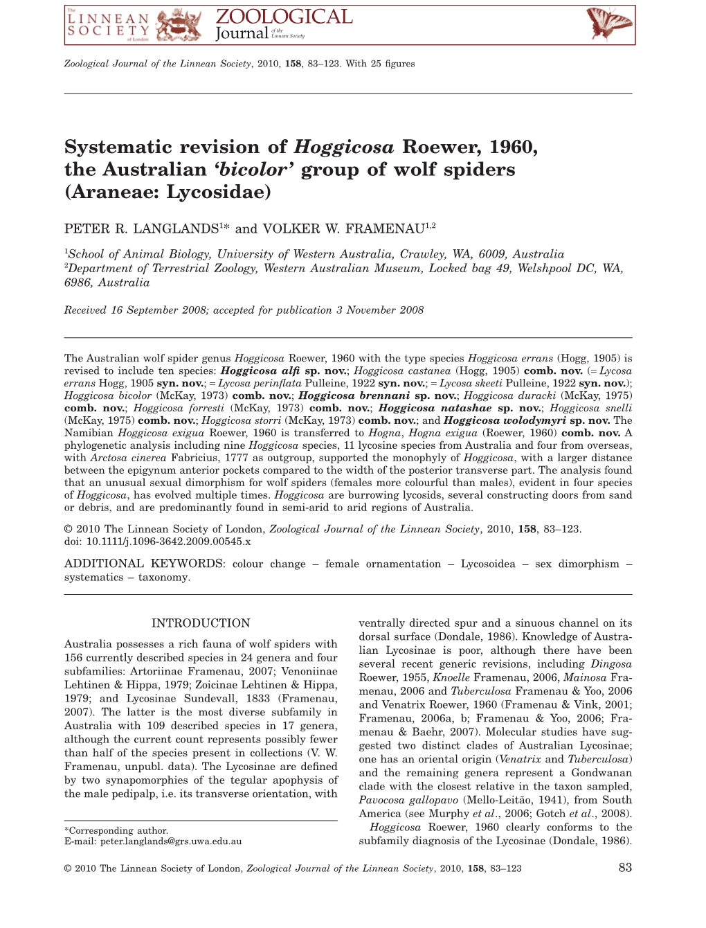 Systematic Revision of Hoggicosa Roewer, 1960, the Australian 'Bicolor' Group of Wolf Spiders (Araneae: Lycosidae)Zoj 545 83