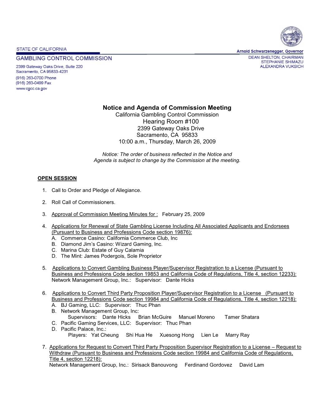 Notice and Agenda of Commission Meeting Hearing Room #100