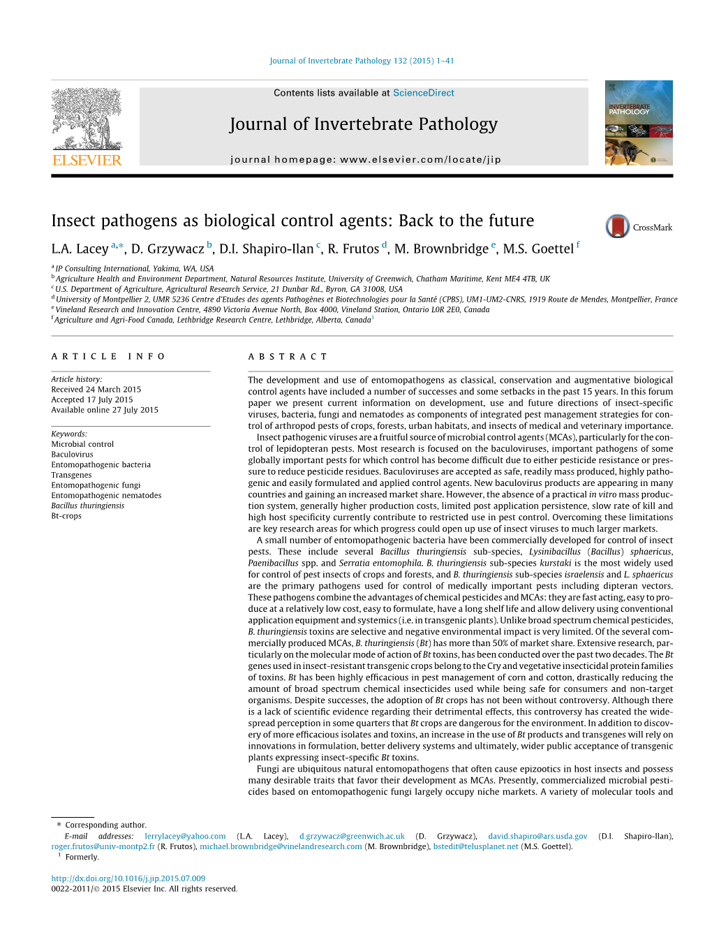 Insect Pathogens As Biological Control Agents: Back to the Future ⇑ L.A