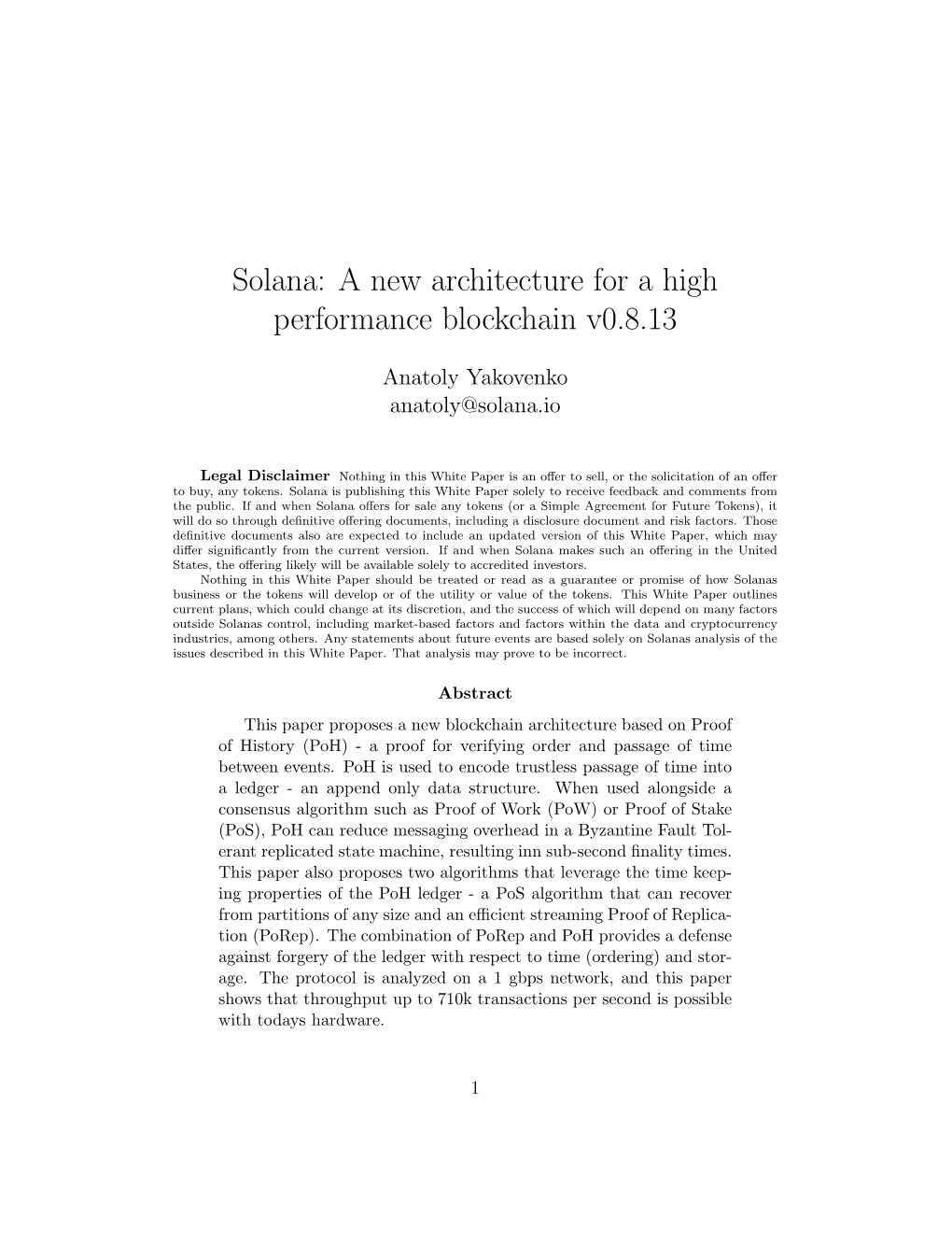 A New Architecture for a High Performance Blockchain V0.8.13