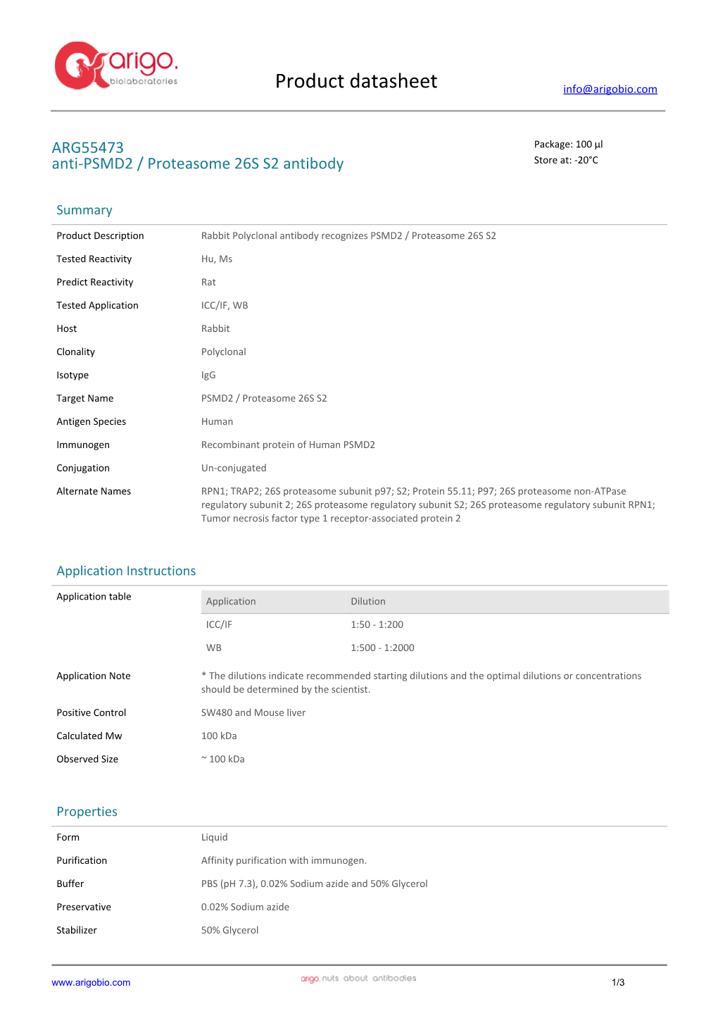 Anti-PSMD2 / Proteasome 26S S2 Antibody (ARG55473)