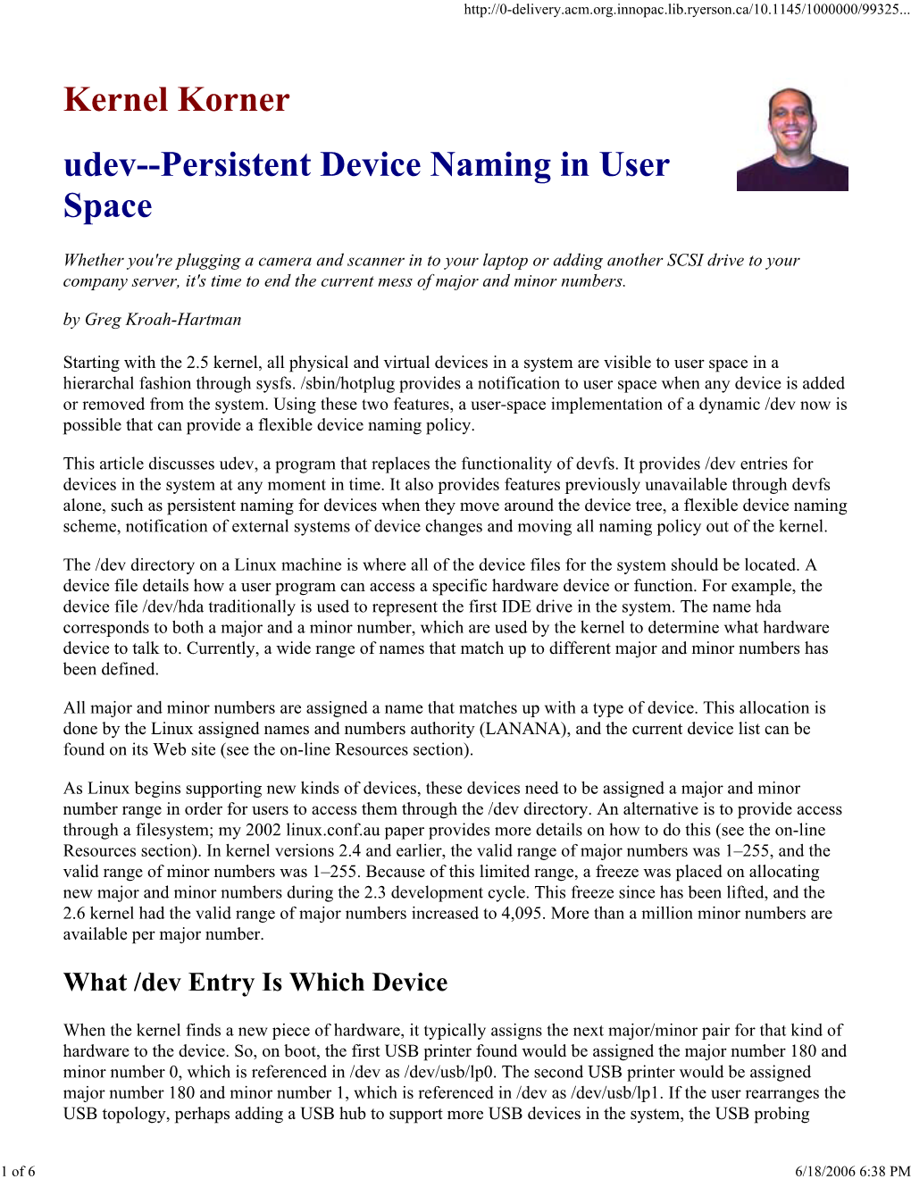 Kernel Korner Udev--Persistent Device Naming in User Space