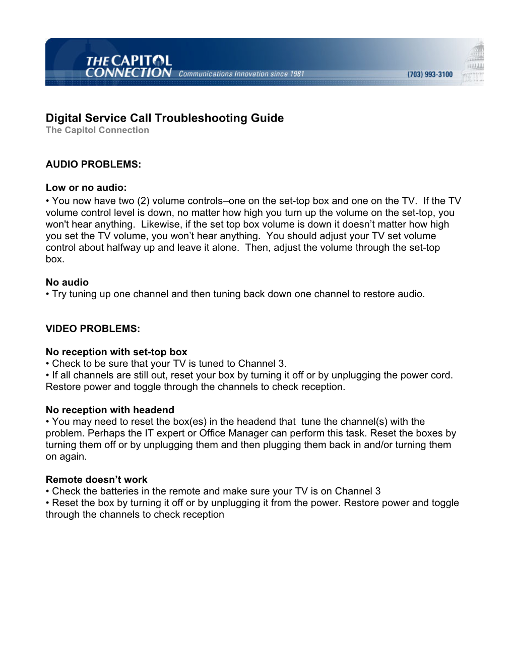 Digital Service Call Troubleshooting Guide the Capitol Connection