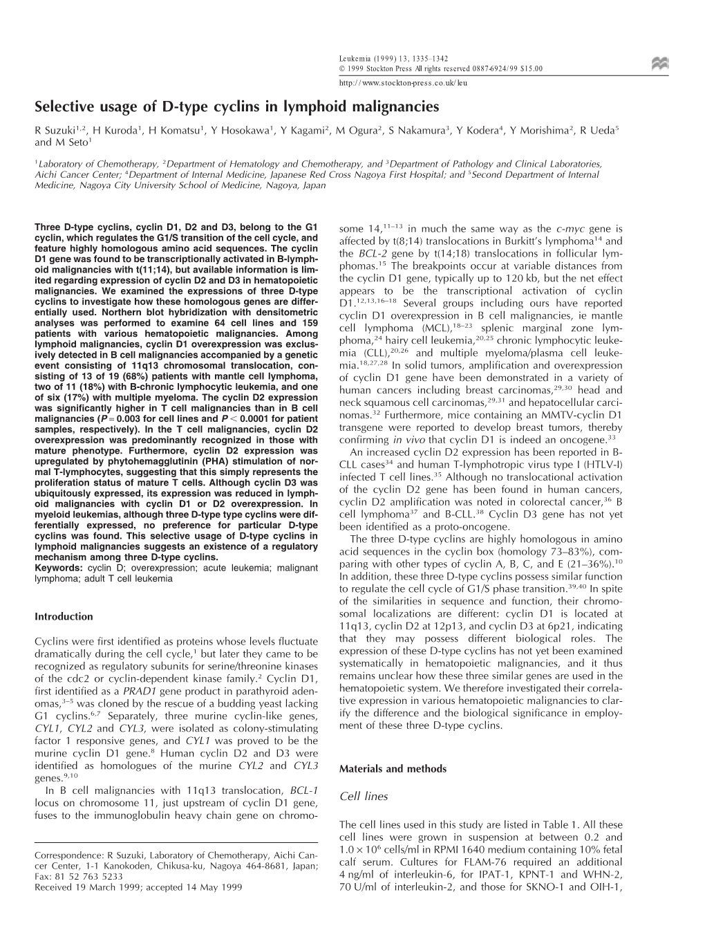 Selective Usage of D-Type Cyclins in Lymphoid Malignancies